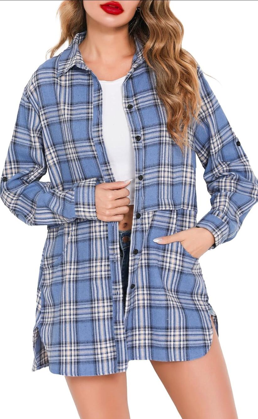 NWT HT HOTOUCH Women's M Plaid Button Down Shirt Long Sleeve Tunic Top Blue
